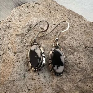 ❤️ Signed Native Calvin Johnson White Buffalo 925 Navajo Dangle Earrings 1.45”L